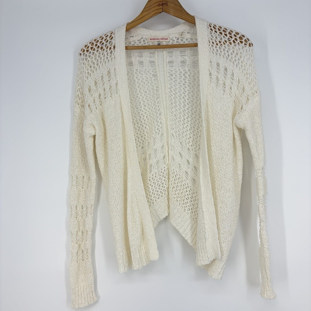 Rebecca Taylor Cardigan Sweater S Crochet Open Knit Light Boho Luxury Coastal